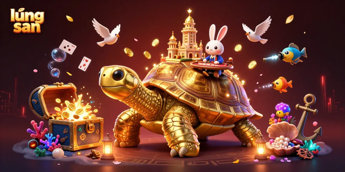 Lương sơn offers thrilling gambling experiences with a vibrant casino scene featuring a cartoon tortoise and a dealer.