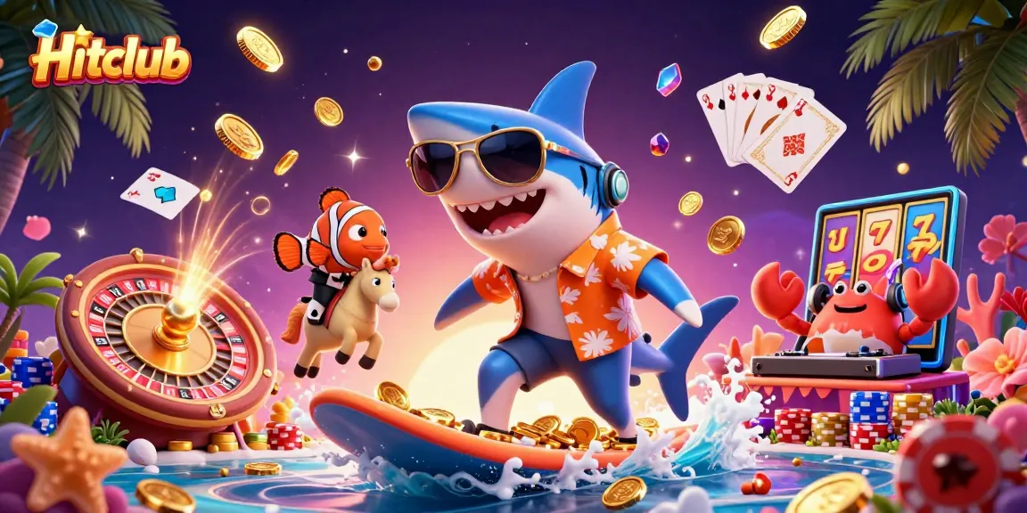 Hitclub brings excitement as a shark surfs on gold coins, enhancing your gaming adventure.