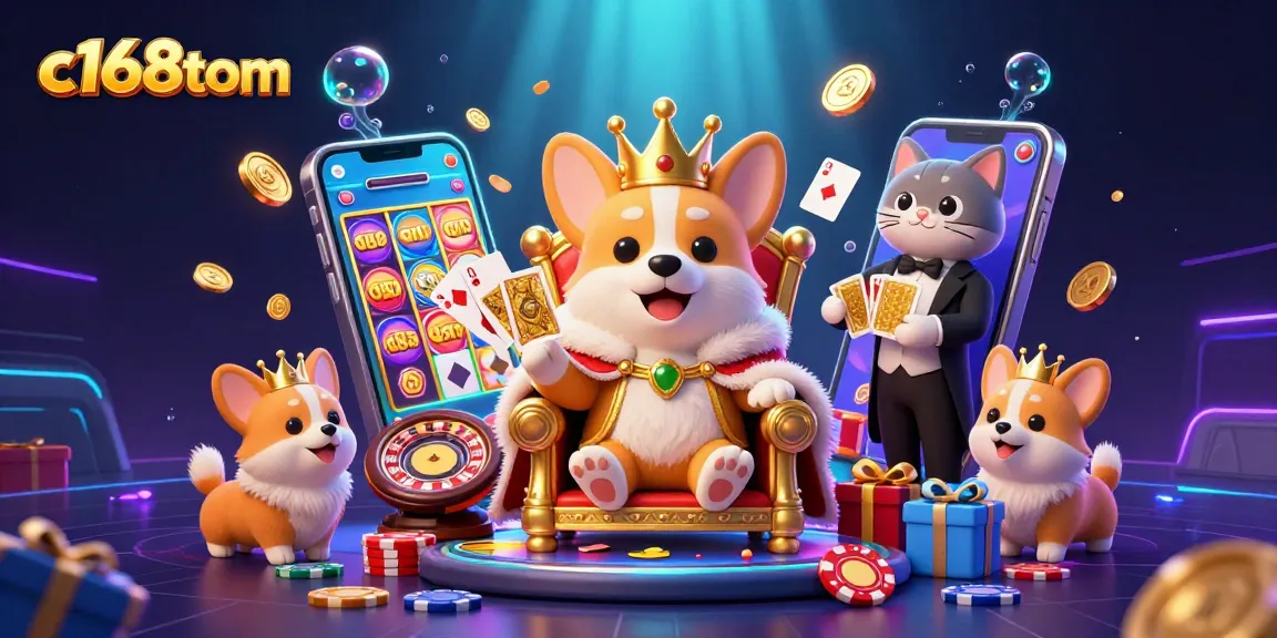 Experience the vibrant gaming atmosphere with c168tom as royal corgi leads in ultra-detailed casino scene.