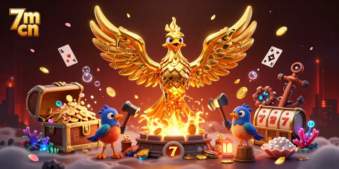 Experience the 7m cn golden phoenix rising from a forge, surrounded by treasures and gaming elements.