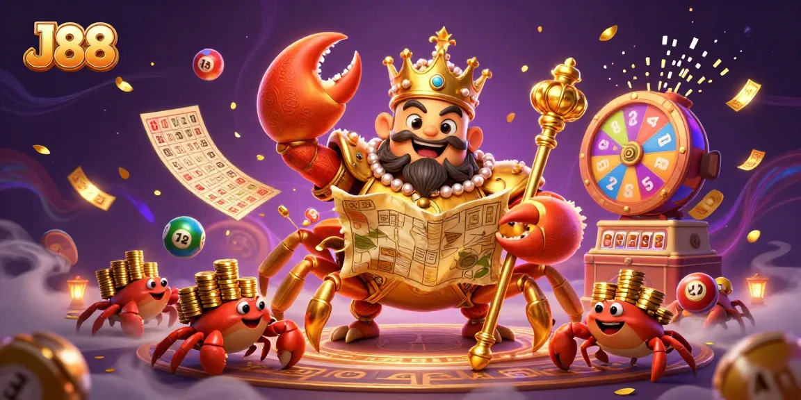 Experience the dynamic world of J88 with a golden crab emperor amidst vibrant lottery elements.