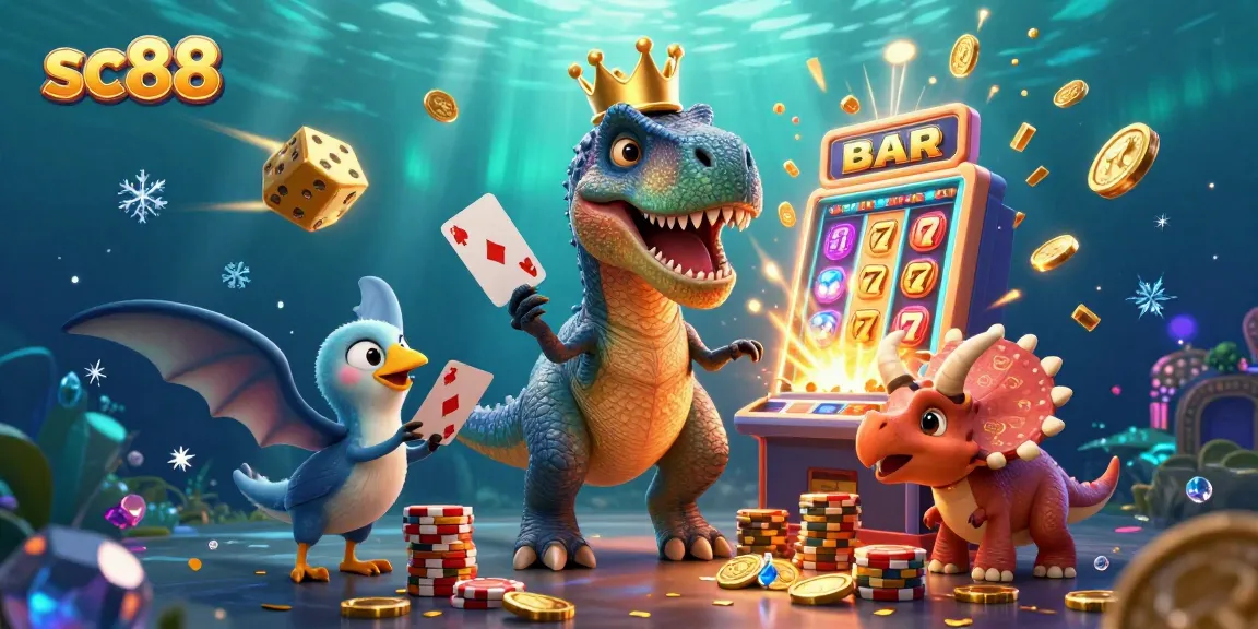 Experience thrilling gameplay at sc88 with a T-Rex shuffling cards and vibrant casino elements surrounding it.