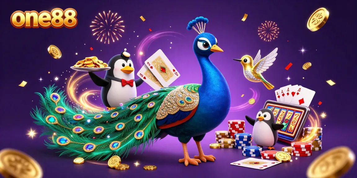 Experience one88 gaming excitement with a peacock, penguin, and hummingbird in a vibrant casino scene.