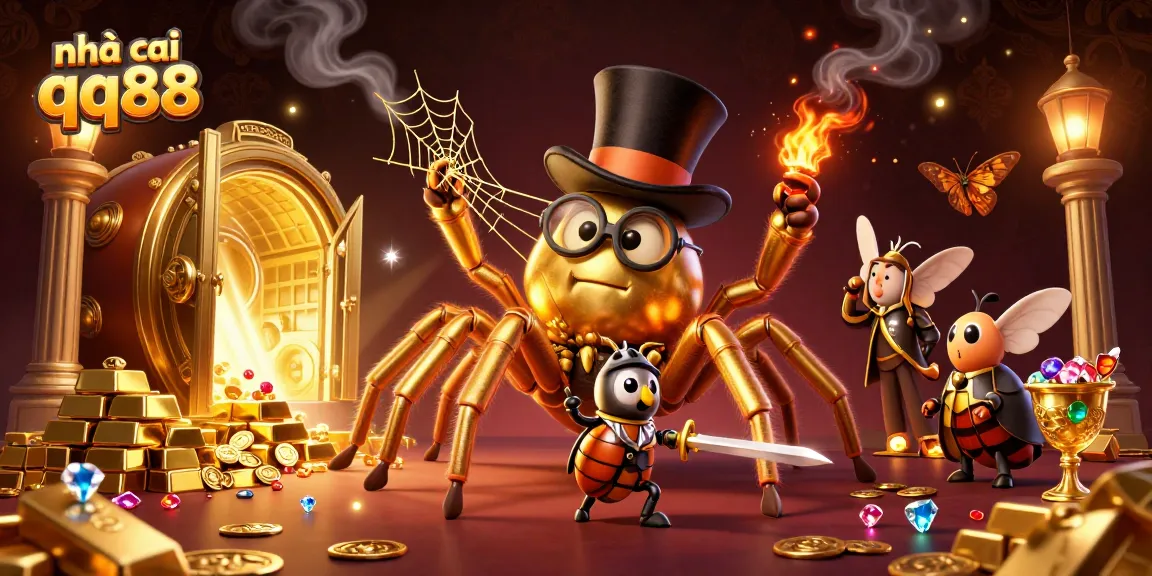 Engaging scene depicting nhà cái qq88 with a golden tarantula, a knight, and treasure in a casino ambiance.