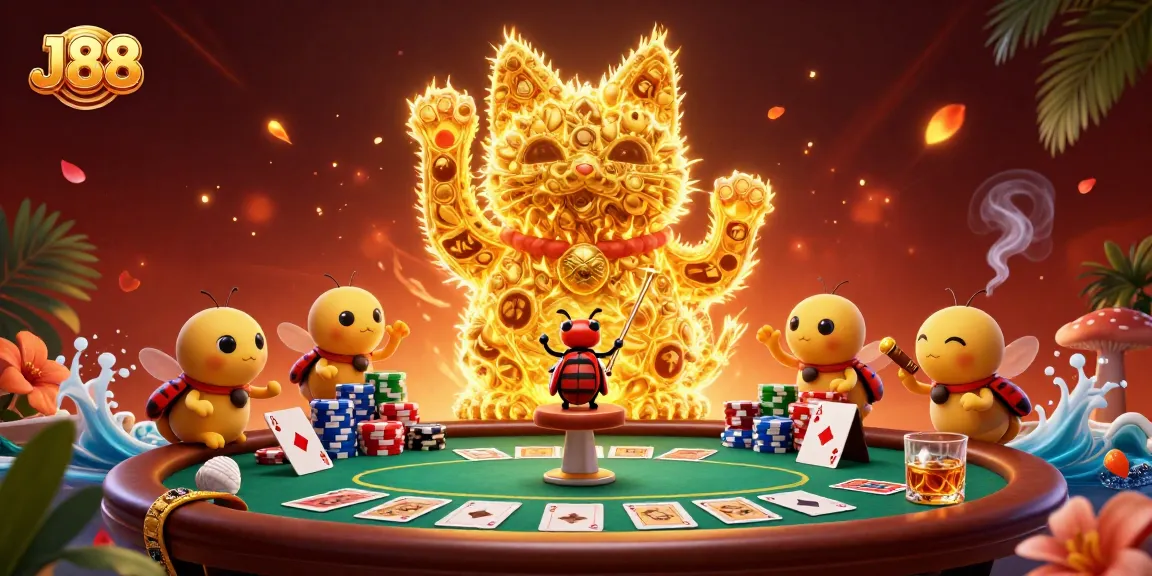 Watch the J88 lucky cat come alive among poker riches in this vibrant 3D illustration.