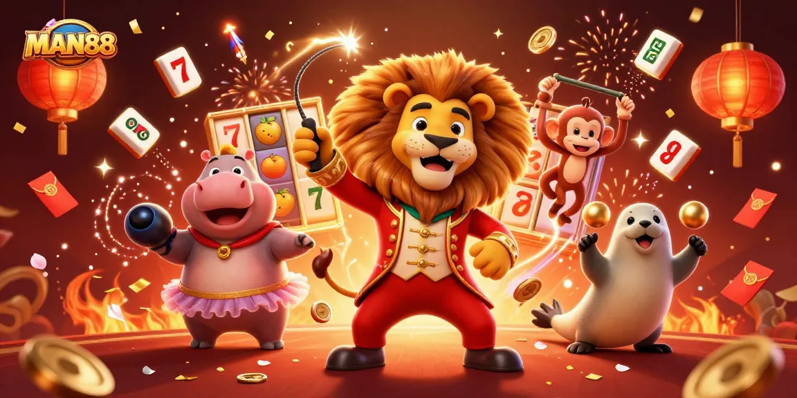 Experience exhilarating gaming with MAN88's vibrant casino scene featuring iconic characters and thrilling slot elements.