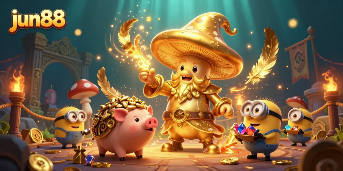 Experience the magic of jun88 with a dazzling scene featuring fantasy characters and golden treasures.